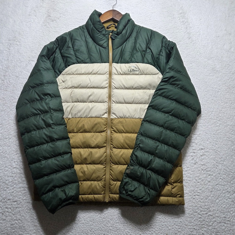 Ll Bean 650 Down Hooded Jacke Medium Colorblock Green Tan Puffer Downtek 515696
